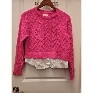 Maeve by Anthropologie Faux Layered Shirt Hem Cable Knit Sweater Pink Small S